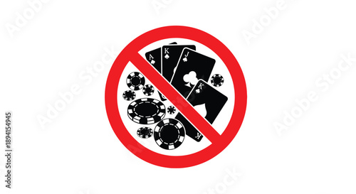 Prohibition sign featuring cards and chips in black silhouette