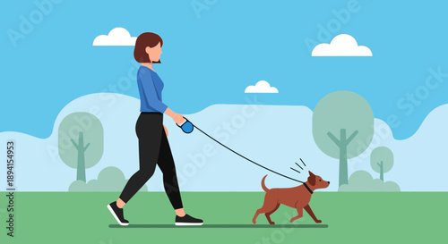 Woman walking dog in park illustration, flat design, outdoor leisure activity