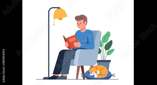Man Reading Book in Armchair Next to Sleeping Cat and Lamp