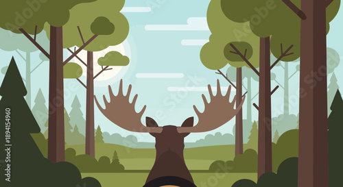Flat Design Moose in Forest Landscape