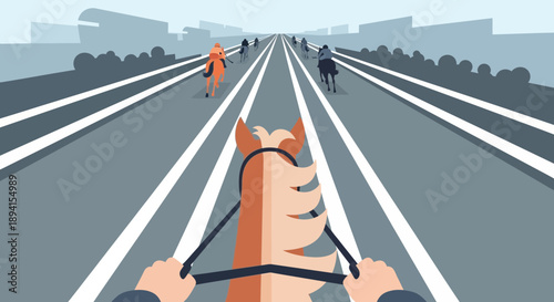 Horse Race on Highway: POV Perspective of Rider in Urban Race