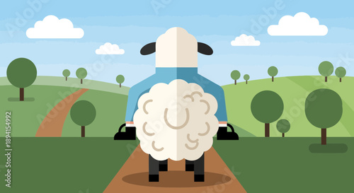 Sheep Riding Bicycle Through Green Countryside Landscape - Flat Design