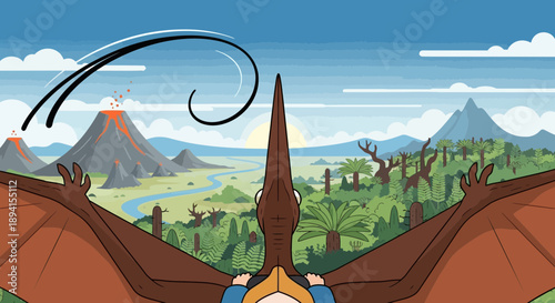 Pterodactyl Flying Over Lush Prehistoric Landscape With Volcano