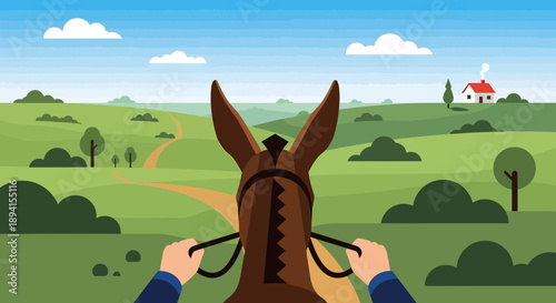 Horseback Riding POV through Green Countryside with Farmhouse