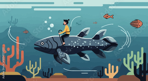 Person riding a giant coelacanth fish through underwater coral reef, cartoon style