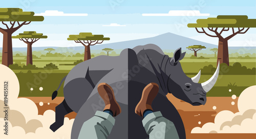 Man's perspective riding on a rhino in African savanna landscape