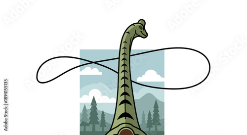 Cute Cartoon Brontosaurus Dinosaur with Lasso and Forest Background