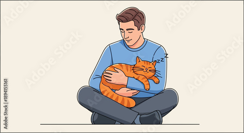 Man Cuddling Sleeping Ginger Cat, Cozy Friendship and Pet Love Illustration