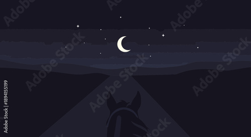 Horseback riding at night under crescent moon and starry sky