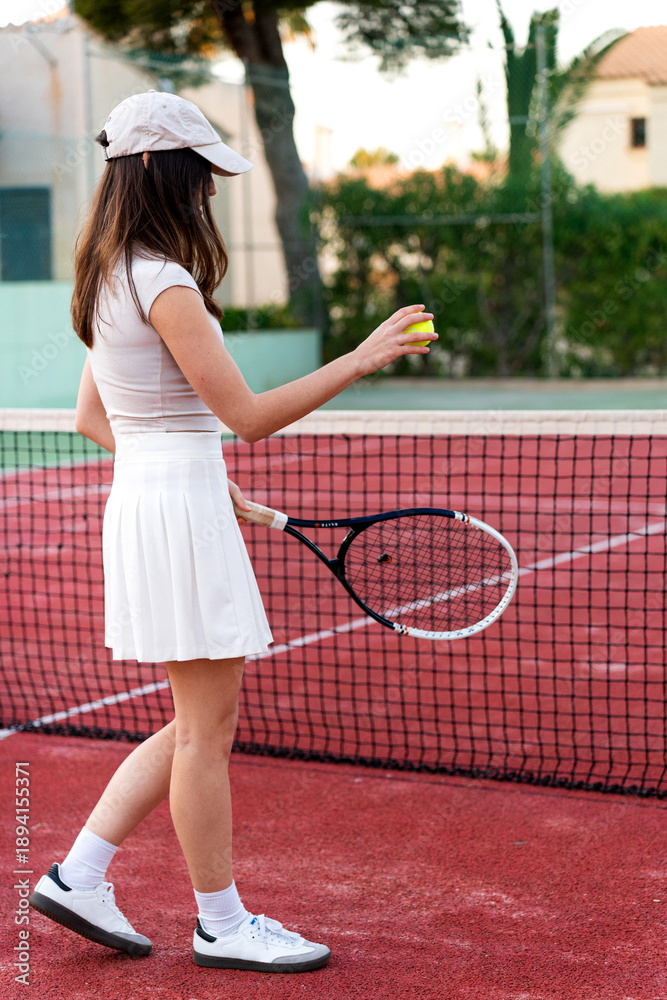 Fototapeta premium Young woman preparing to serve during tennis game