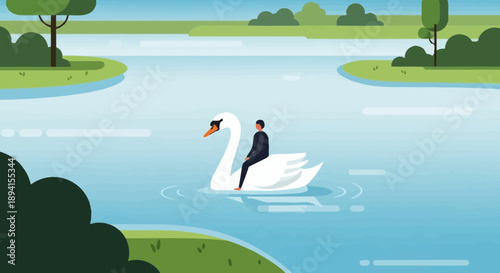 Man Riding Giant Swan on Serene Lake, Surreal Nature Scene, Calm Water
