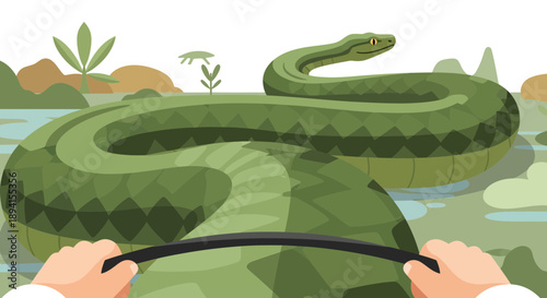 Giant Green Snake Blocking Path in Swampy Jungle, First-Person View