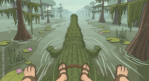 Man riding an alligator through a swamp, first person view, dangerous adventure