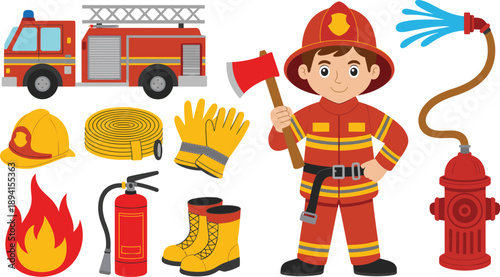 Firefighter Gear and Equipment Illustration – Cartoon-Style Emergency Tools and Uniform for Educational, Safety, and Occupational Design Use