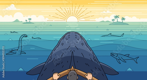 Whale Riding Adventure: Pixel Art Journey to Tropical Islands at Sunrise