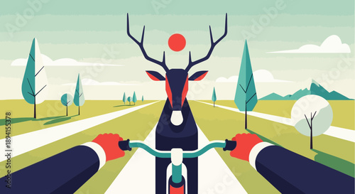 Man riding bicycle on road towards deer in stylized landscape