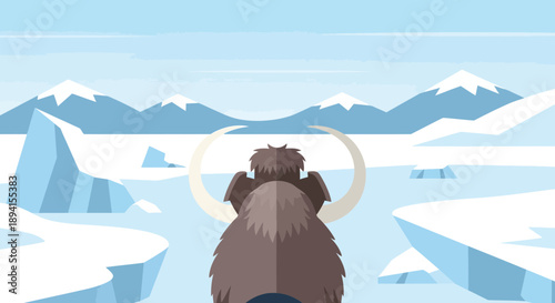 Mammoth walking in icy landscape, prehistoric animal, flat design