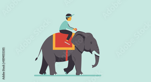 Man Riding Elephant Flat Design Illustration