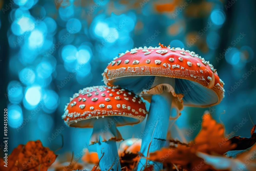 Fototapeta premium Two vibrant fly agaric mushrooms thrive in a magical, bokeh lit forest