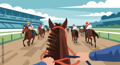 Horse Racing Competition: First-Person View of Jockey Riding Horse on Track