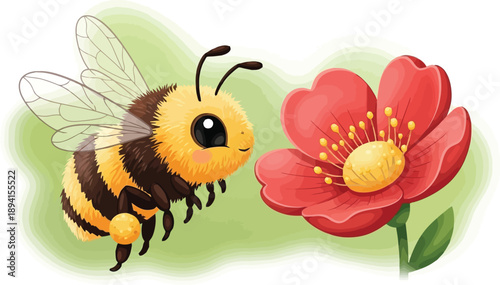 Beautiful watercolor honeybee flying towards red flower on soft green background sticker design