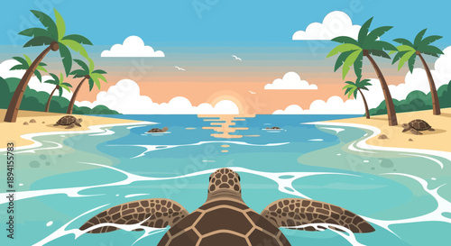 Sea Turtle Swimming Towards Tropical Sunset Beach Paradise