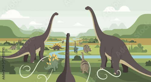 Mesozoic Era Landscape with Diverse Dinosaurs in Flat Design