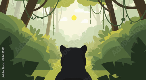 Black Panther in Lush Green Jungle, Sunlight Through Canopy, Mystical Forest Path