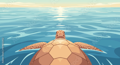 Sea Turtle Swimming Towards Sunrise Over Ocean Waves