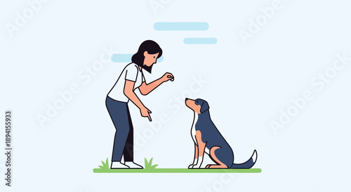 Woman Training Dog Outdoors, Reward Treat, Obedience, Pet Care, Simple Flat Illustration