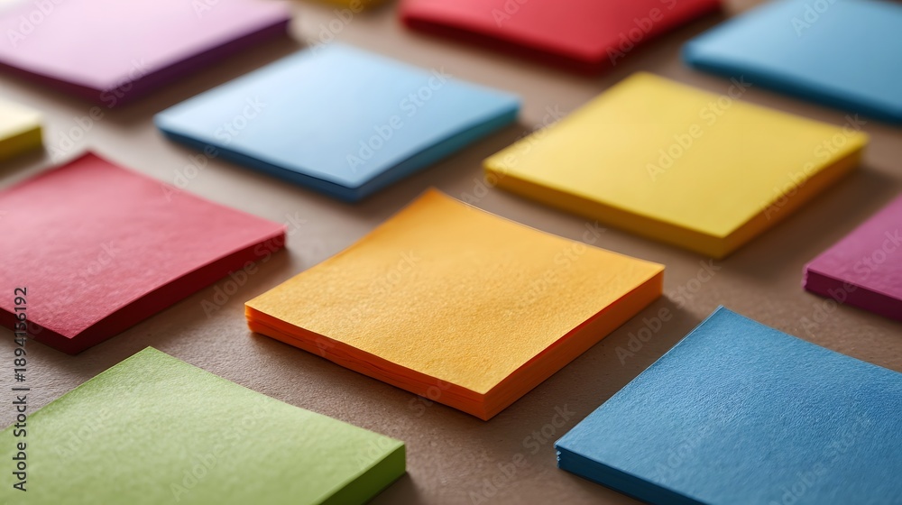 Fototapeta premium Vibrant colorful sticky note pads arranged in a neat grid pattern on a textured brown surface