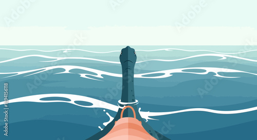Sailing boat prow moving through blue ocean waves, minimalist vector illustration