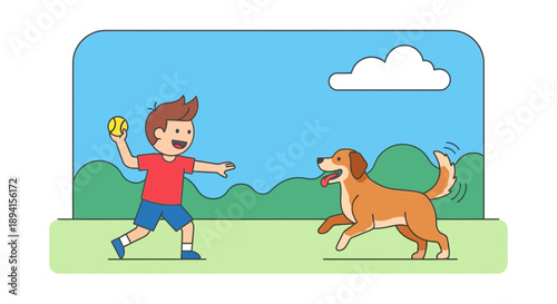 Boy playing fetch with dog in park, cartoon illustration