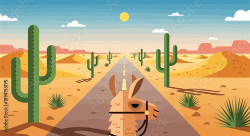 Llama on Desert Road, Cactus, Sunny Day, Travel Adventure