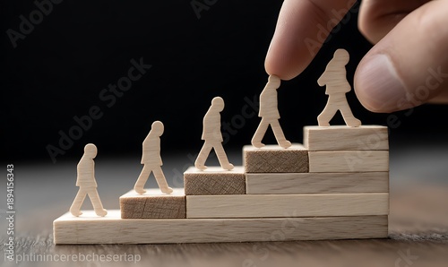 Hand places figure on ascending wooden steps, symbolizing career progression.