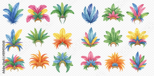 Set of vibrant watercolor feather headdresses, perfect for carnival, Mardi Gras, and festive celebrations.