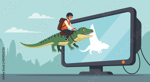 Boy riding a dinosaur emerging from computer screen, imagination concept