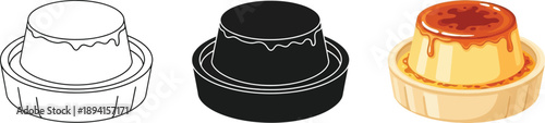 Set of creme caramel dessert icons including outline silhouette and full color illustration for food blogs and recipe websites