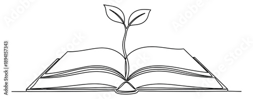 Continuous line art illustration of an open book depicting a plant growing for education and knowledge