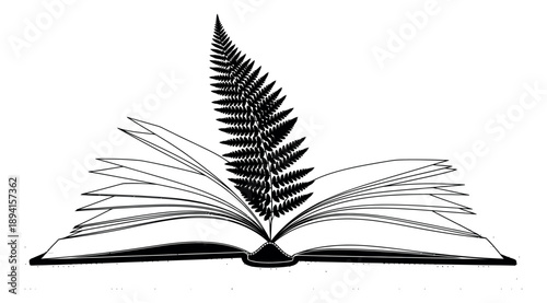 Line art illustration of an open book depicting a fern emerging from its pages for education and nature