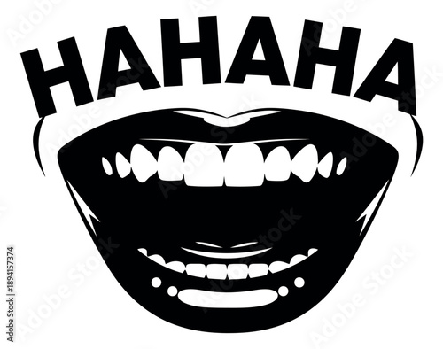 Bold graphic illustration of an open mouth with "HAHAHA" text depicting laughter for humor and fun