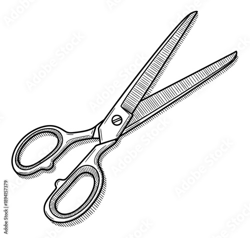 Hand drawn line art illustration of a pair of scissors depicting open blades for tailoring and craft projects
