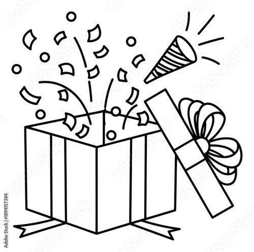 Line art illustration of a gift box depicting confetti bursting out with a party popper for a celebration