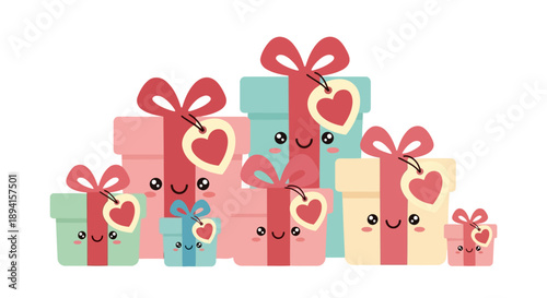 Valentine gift boxes with heart shaped ribbons and smiling faces arranged for advertising purposes