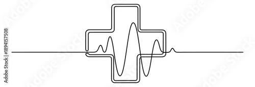 Continuous line art illustration of a medical cross depicting a heartbeat for healthcare