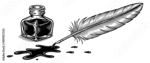 Vintage line art illustration of a quill pen and inkwell depicting spilled ink for creative writing concepts
