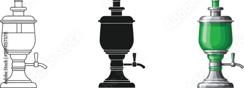 Set of absinthe fountain icons vintage beverage dispenser in outline silhouette and color vector illustrations for bar and cocktail design