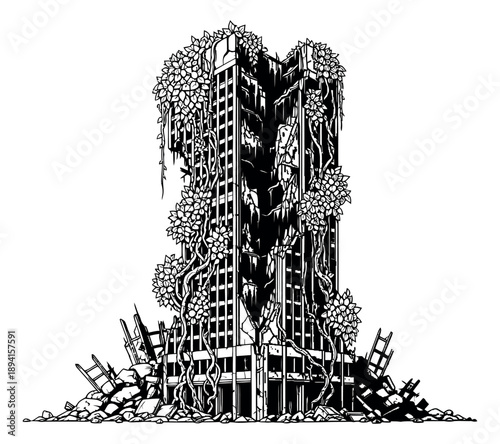 Hand drawn line art illustration of a ruined building depicting nature reclaiming urban decay for post-apocalyptic themes