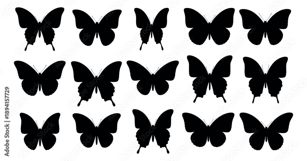 Obraz premium Stylized black butterfly silhouettes set featuring diverse flying insects for spring designs