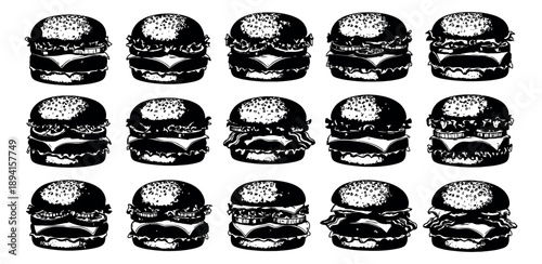 Hand drawn line art burger set featuring various classic and gourmet hamburgers for menu design